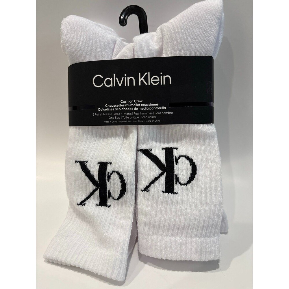 Calvin Klein CK Cushion Crew Socks 5 Pair Pack White Logo One Size Men NWT
